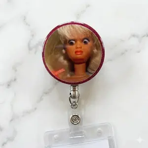 Funny Barb Cringe Face Dark Magenta Sparkly Retractable Badge Reel Cute Meme Acrylic ID Holder For Nurse Teacher Office Gag Gift