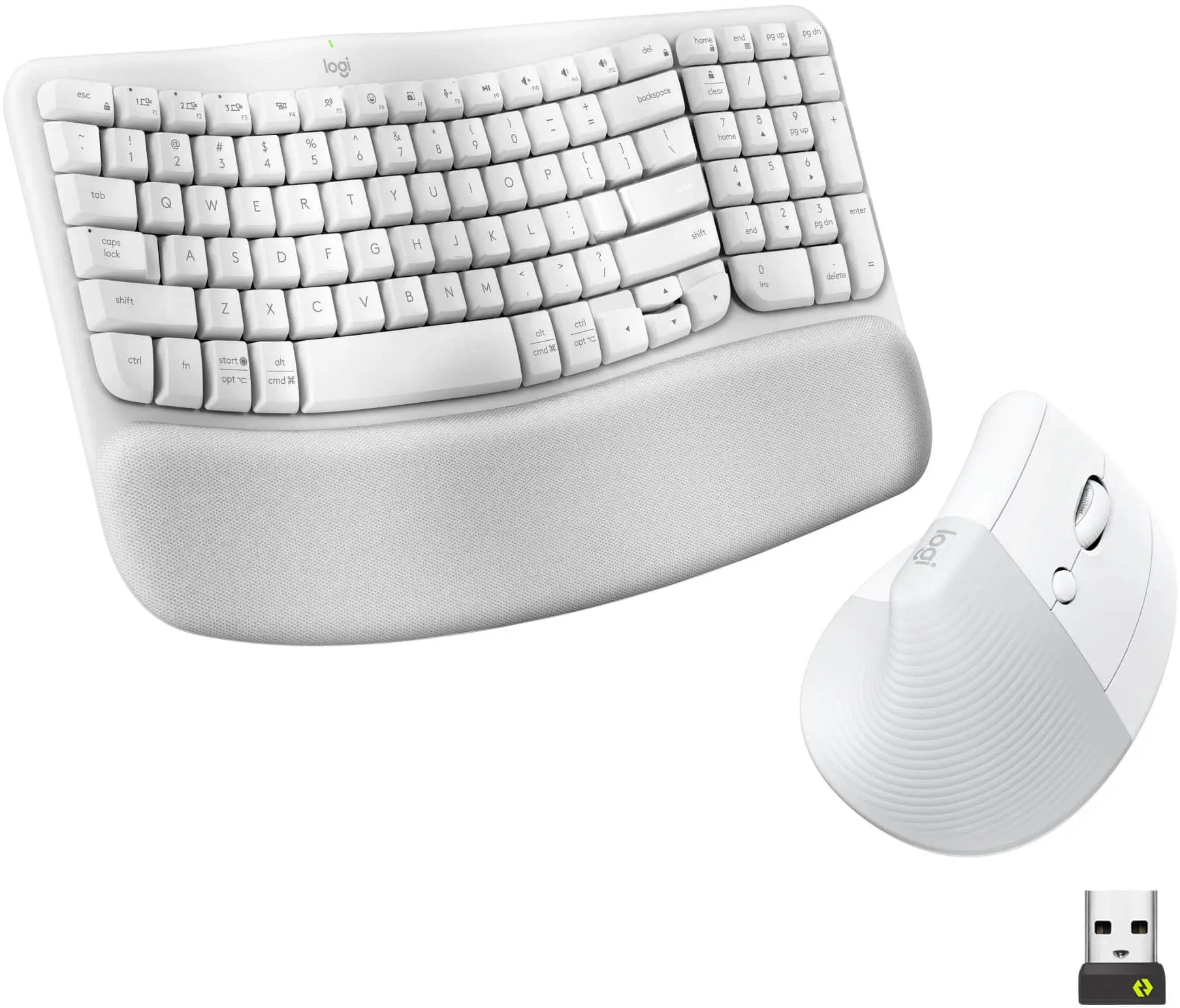 Logitech - Wave Keys and Lift Vertical Mouse Wireless Ergonomic Keyboard and Mouse Bundle with Cushioned Palm Rest - Off-White
