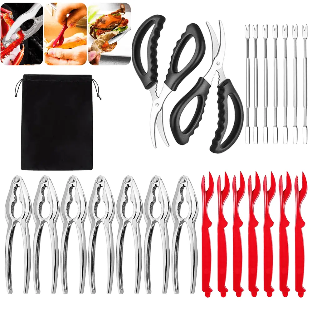 24-Pack Lightweight Zinc-Infused Stainless Steel Seafood Utensils Set with Handles - Crab Crackers, Lobster Shellers, Crab Leg Forks/Picks, Seafood Scissors, Plastic Storage Bag, Nut Cracker Kitchen Hardware Tools, Peeling, Restaurant, Chef, Party Gifts