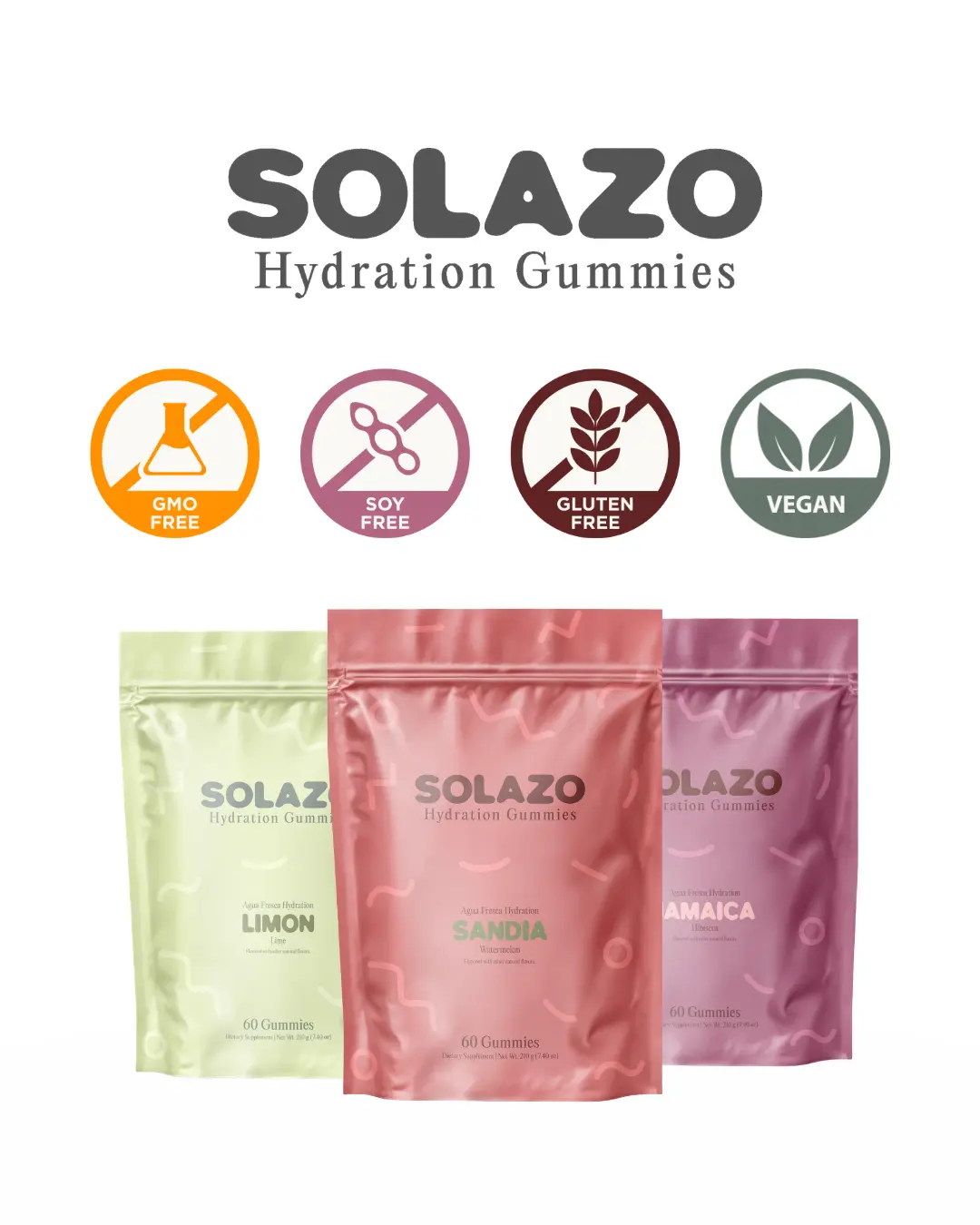 Solazo Hydration Gummies – Electrolyte Gummies with 900mg of 5 Key Electrolytes | Authentic Agua Fresca Flavors: Watermelon, Lime & Hibiscus | Vegan, Gluten-Free, Non-GMO, Soy Free, Dairy Free, No Artificial Flavors or Colors | 60 Count (20 Servings)