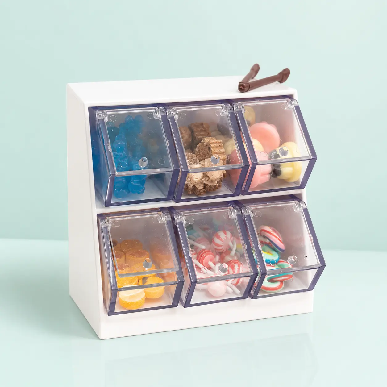 Miniature Candy Display Countertop Showcase 1:12 Scale- Retail Dessert Storage Cabinet with Tiered Shelves, Desk & Dollhouse