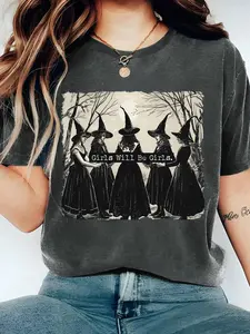 Women's Halloween Themed "girls Will Be Girls" Print Round Neck Tee, Trendy Casual Drop Shoulder Short Sleeve Crewneck T-shirt for Daily Wear, Ladies All Seasons Outfit, Womenswear