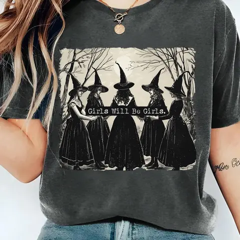 Women's Halloween Themed "girls Will Be Girls" Print Round Neck Tee, Trendy Casual Drop Shoulder Printed Short Sleeve Crewneck T-shirt for Daily Wear, Ladies All Seasons Outfit, Womenswear