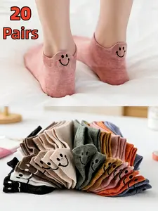 20 Pairs Women's Casual Ankle Socks, Fashionable Cute Smiling Face Embroidery Design，Soft Breathable Knit Material, Spring Summer Wear, Various Colors Available, Comfortable Daily Use