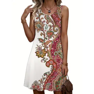 Women's Casual Sleeveless Paisley Print Dress - Soft Breathable Lightweight Fabric, Round Neck Mid-Length Machine Washable All-Season Versatile Dress for Casual Attire, Seasonal Fashion, Comfortable Fit Polyester Womenswear Summer Collar