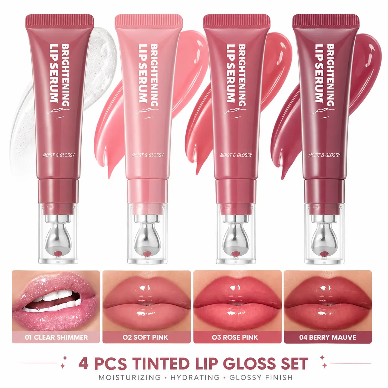 4-Piece Tinted Lip Gloss Set, Hydrating High-Shine Lip Gloss, Moisturizing Jelly Finish Liquid Lip Color, Long-Lasting Glossy Lip Makeup