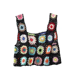 Women´s Summer Sleeveless Tops Ladies Female Colorful Hand Crochet Embroidery Openwork Knit Tank Tops Womenswear Streetwear