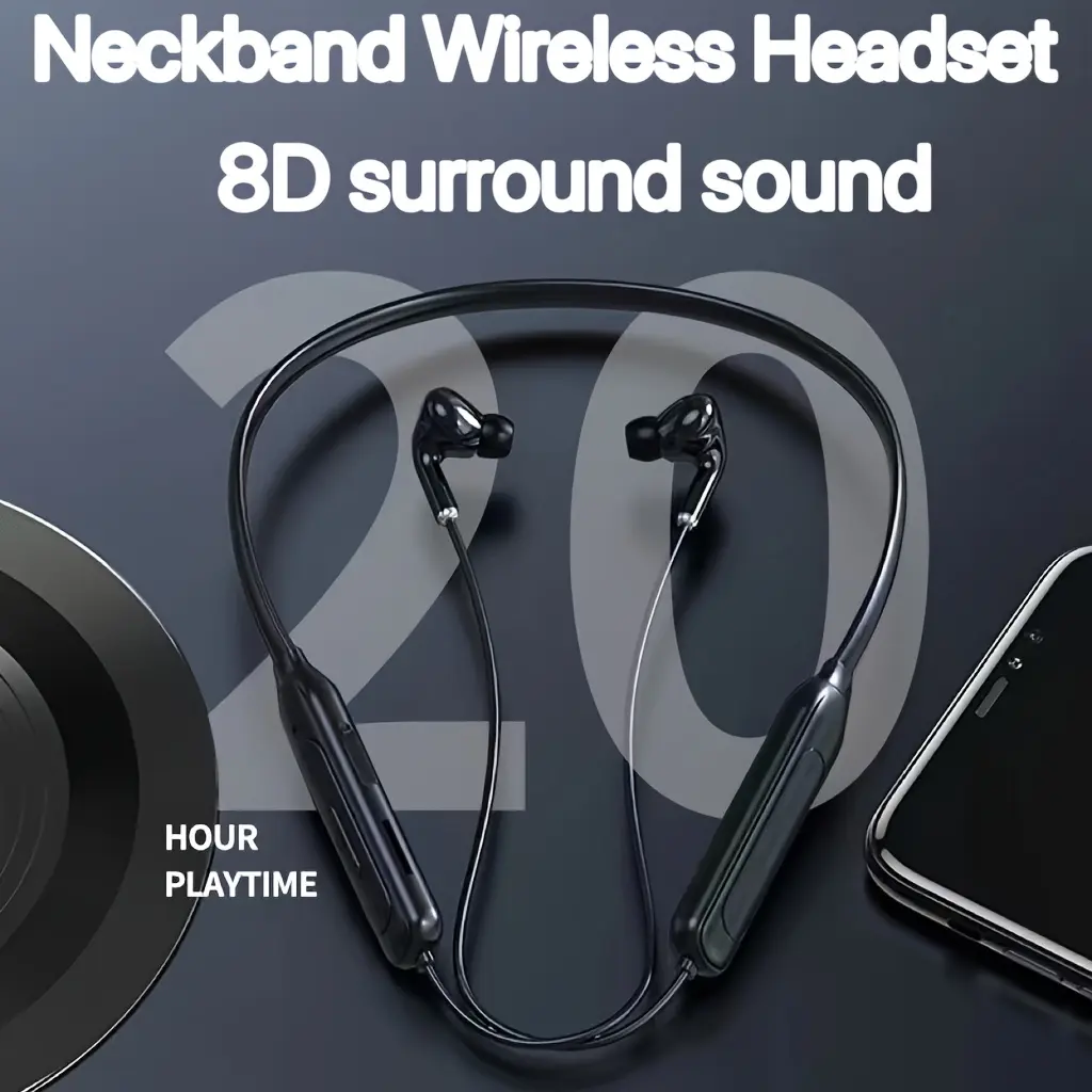 Wireless Neckband Headset Shock Bass Stereo With Microphone In-Ear Noise Cancelling Earbuds Headphones Pluggable Memory Card,Long Standby 20H Playtime/230 mAh Battery Audio Black