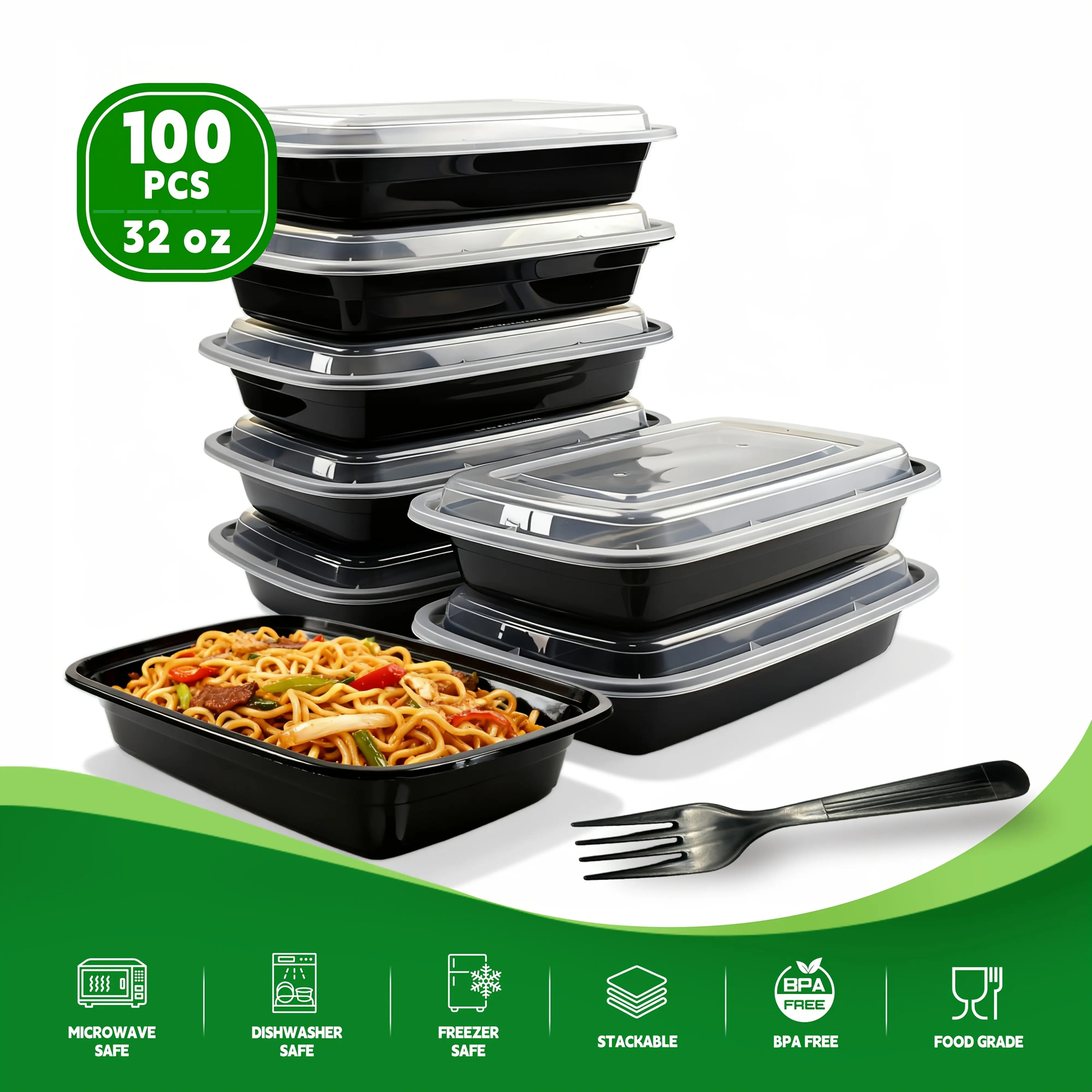 100 Pcs 32oz Black Meal Prep Containers, Disposable Take Out Boxes, Food Storage Container, Freezer/Microwave Safe, for 4th Of July, Leftovers Storage, Party Catering, Home, Work & Everyday Use