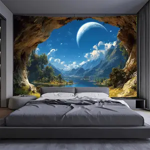 1pc Extra Large Night Landscape Tapestry - HD Digital Print Wall Hanging with Moon & Mountain Cave Window Illusion - Self-Adhesive Wallpaper-like Decor for Living Room, Bedroom, Office - Serene Blue & Turquoise Nature Scene - Easy Peel & Stick Installatio