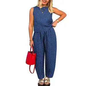 2 Piece Lounge Pants Sets for Women Gingham Outfits Sleeveless Tank Top and Wide Leg Barrel Pants Suits