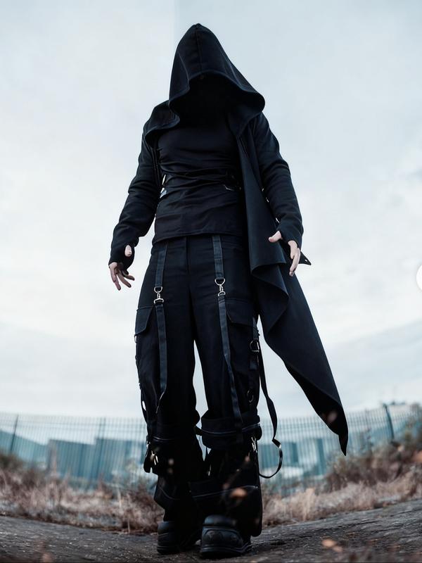 Men's Black Hooded Cyberpunk Maxi Coat – Asymmetric Design, Stylish Outerwear for Street Fashion & Cosplay