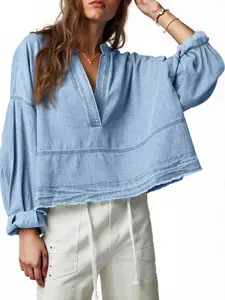 Skoinvb Women's Spring Trendy Denim Pullover Tops - V Neck Puff Sleeve Loose Fit Breathable Cotton Jean Shirts,  Casual Daily Outfits