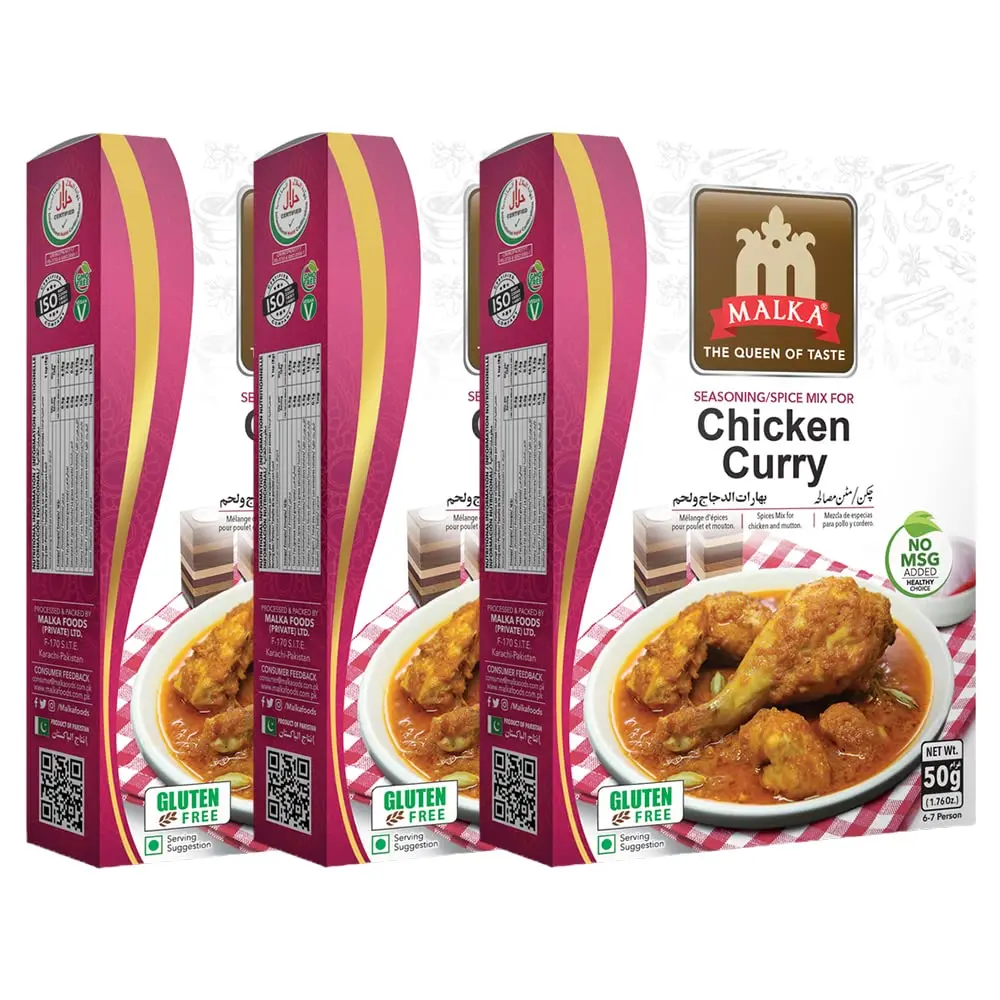 Malka Chicken Curry Recipe Mix 50g | 1.76 oz | Authentic Gourmet Spice Powder for Chicken & Mutton | No MSG Added, Vegan, Non-GMO, Gluten Free & Halal | Pack of 3 Flavor Traditional