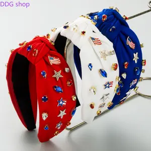 4th of July Patriotic Knotted Rhinestone Headband, USA Flag & Star Enamel Wide Hairband, Independence Day Hair Accessories for Women’s Outfits
