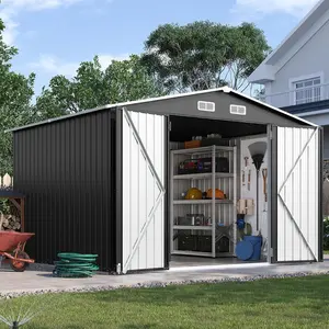 10x8 FT Outdoor Storage Shed, Utility Steel Tool Shed with Lockable Door and Air Vents, Galvanized Metal Shed for Garden Backyard Patio Lawn (10'x8', Black)