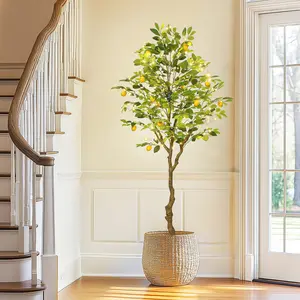 6FT Faux Lemon Tree with Moss, Artificial Indoor Plant, LED Lights, Realistic Fruit, Lifelike Leaves for Home & Office Decorative Pot Ornaments