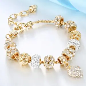 Gold Plated CZ Charm Bracelet for Women, Dainty Paved Crystal Beaded Bracelet with Heart Pendant, Bling Fashion Jewelry Gift for Her