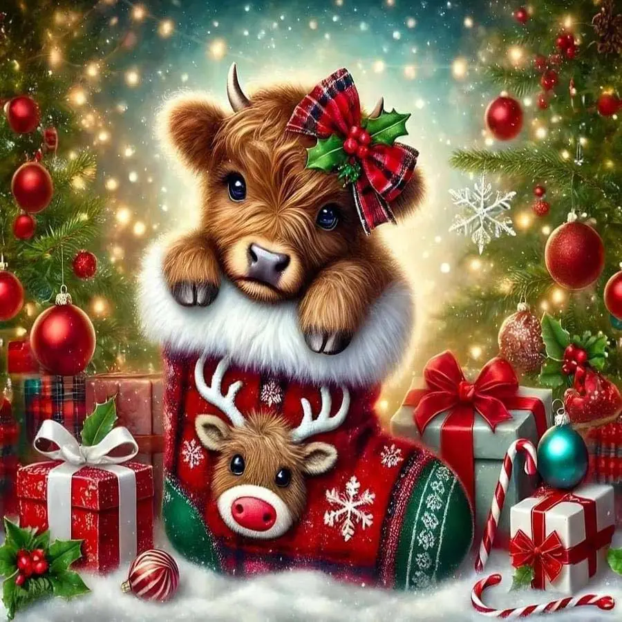 5D DIY Full Drill Round Diamond Painting - Diamond Art Painting Kit, Diamond painting kits for Cute Cow, Christmas Stocking - DIY Decorative Home Wall Decoration, Perfect for Halloween, Christmas, Birthday, and Anniversary Gifts