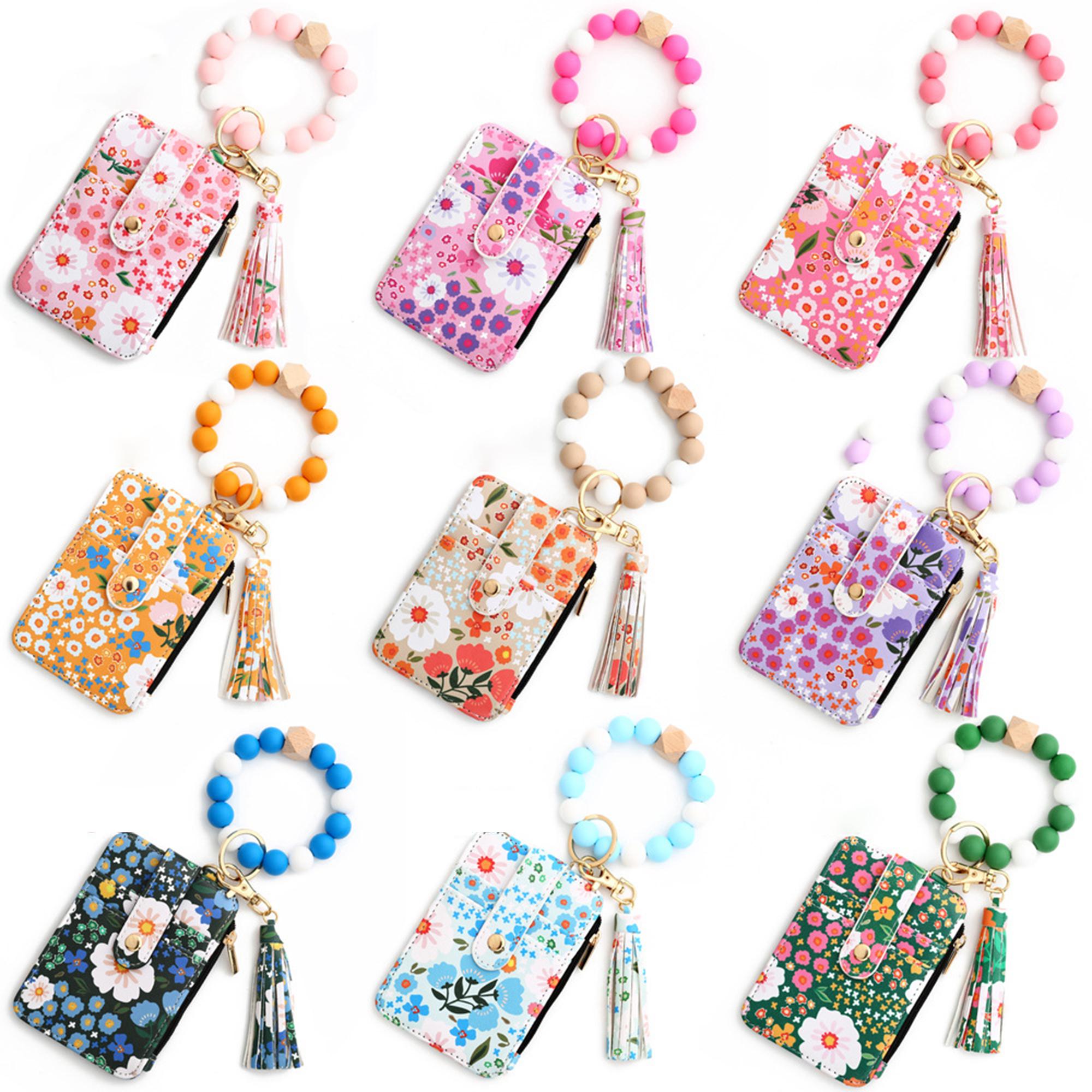 2-in-1 Faux Leather Keychain with Beaded Bracelet, Detachable Wristlet and Card Holder, Stylish Accessory Set for Daily Use or Gifting