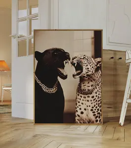 Panther And Leopard Print Wall Art, Trendy Cheetah Maximalist Posters, Yellow Animal Art, Chic Luxury Home Decor, Large Printable Aesthetic Art Decoration Artistic