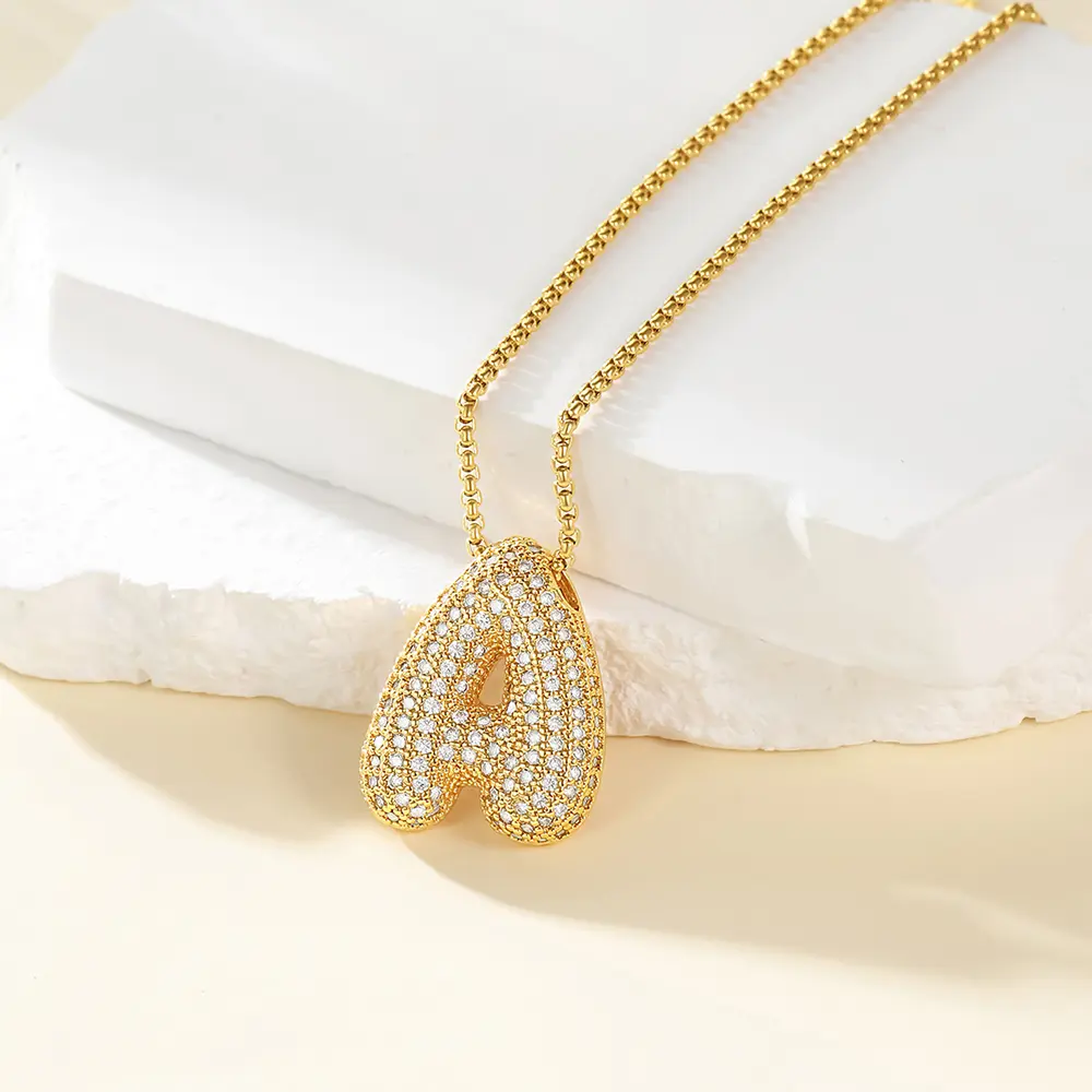 FindChic Initial Letter Bubble Pendant Necklace Daily Shiny No Tarnish Daily Casual Bling Cubic Zirconia Necklace Jewelry Gift for Women Girls