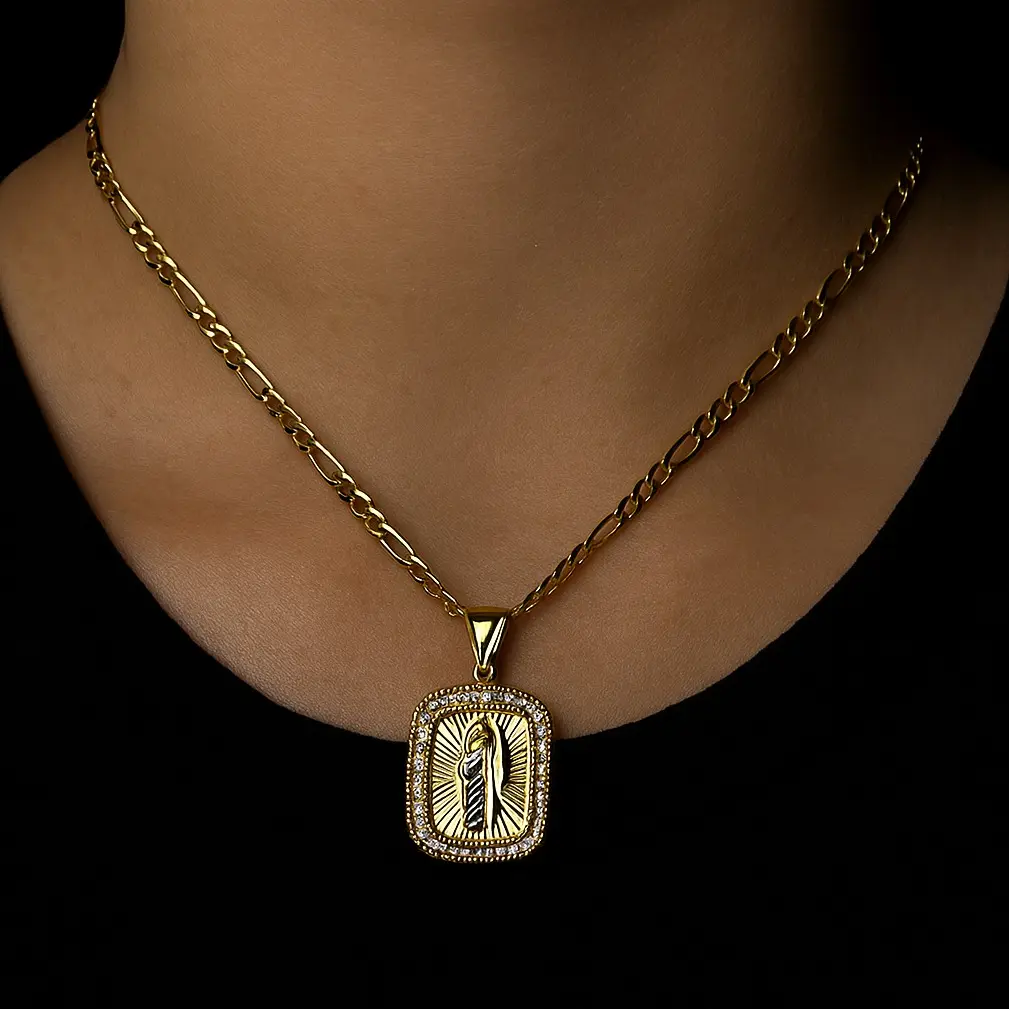 San Juditas Tadeo Necklace for Womens Kids Boys Girls - Saint Jude Pendant 22x16mm - Figaro Link Chain for Baptism 1st Communion Confirmation Religious Jewelry