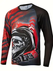 Men's Long Sleeve Motorcycle Jacket, Full Coverage Racing Print, Off-Road Moto T-Shirt, Skull Helmet Print, Outdoor Sports Gear
