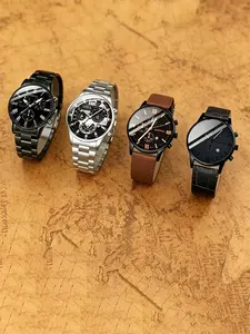 Men's Geneva Quartz Watch Set, Multifunctional Chronograph, Minimalist Design, Stainless Steel & Leather Strap, Casual Business Watches