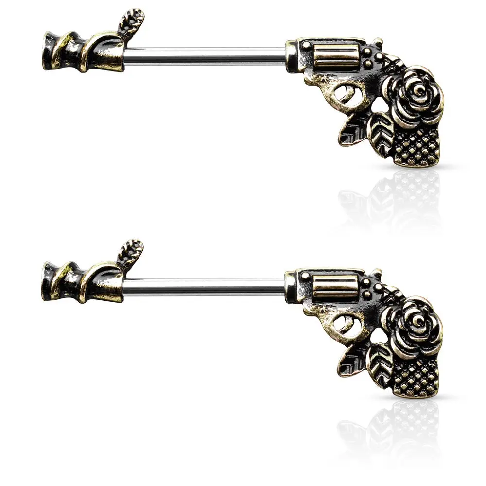 Rose Pistol Gun Nipple Barbells - Stainless Steel - Pair Rose Pistol Gun Nipple Barbells - Stainless Steel - Pair