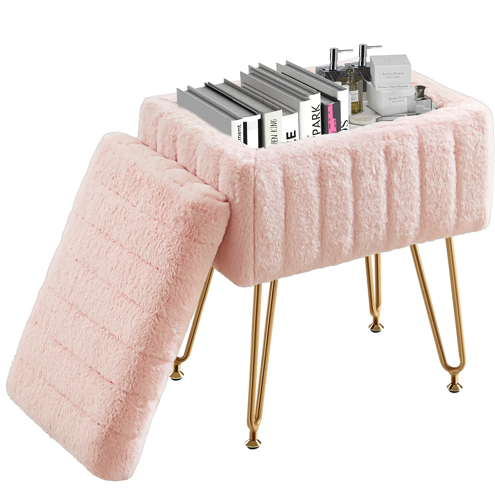 Sweetcrispy Faux Fur Upholstered Vanity Stool - Foam Thick Padded Seat, 4 Metal Legs for Frame Stability, Adjustable Anti-Slip ft, Upholstered Storage Ottoman, Modern Multifunctional Indoor Furniture for Bedroom Makeup Use
