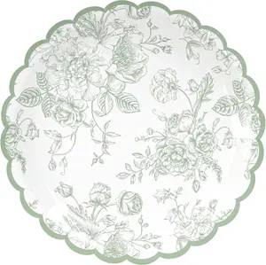 Floral Party Plates Floral Leaf Scalloped Disposable Paper Plates Sage Green and White Toile 9" Dinner Plates for Christmas Bridal Baby Shower Tea Party Supplies Table Decor (48, Sage Green)