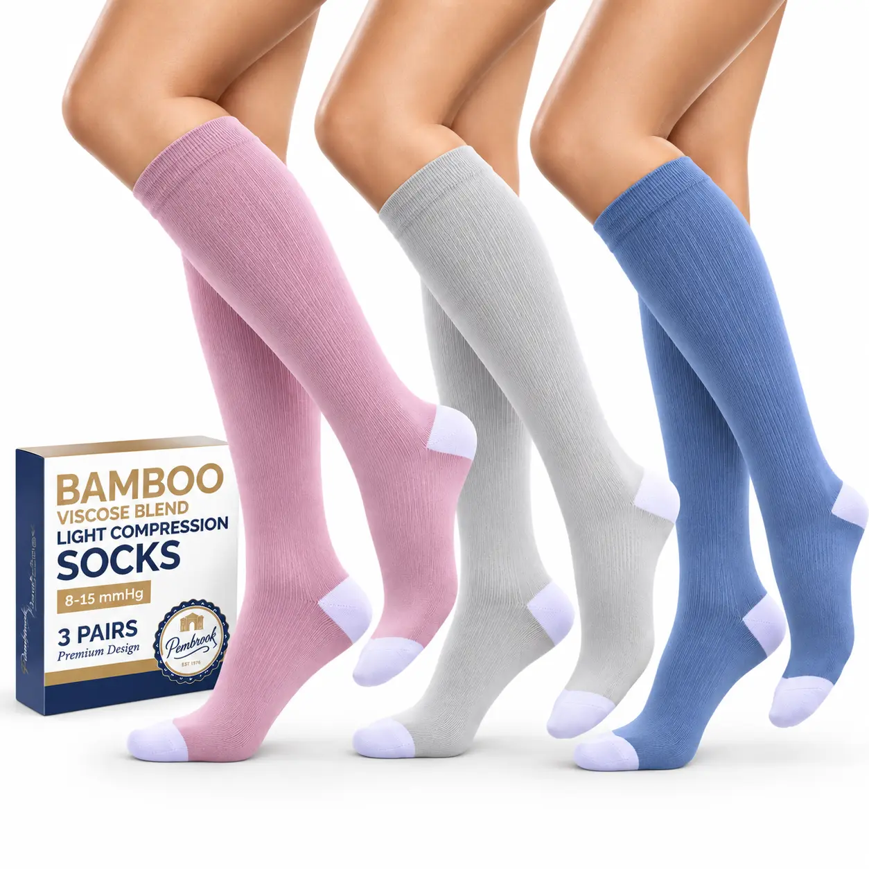 Pembrook Compression Socks for Men & Women, 8-15 mmHg Graduated Compression, Breathable Knee High Socks for All-Day Support & Everyday Comfort for Nurses, Workers, Travelers & Runners, Bamboo Viscose Fiber Material - 3 Pairs