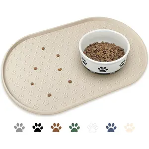 Pet Feeding Mat for Dogs and Cats, Silicone Non-Slip Waterproof Placemat Prevents Food and Water Overflow, High-Lips Puppy Dish Tray Mat Fits Large Medium Small Pets, Beige