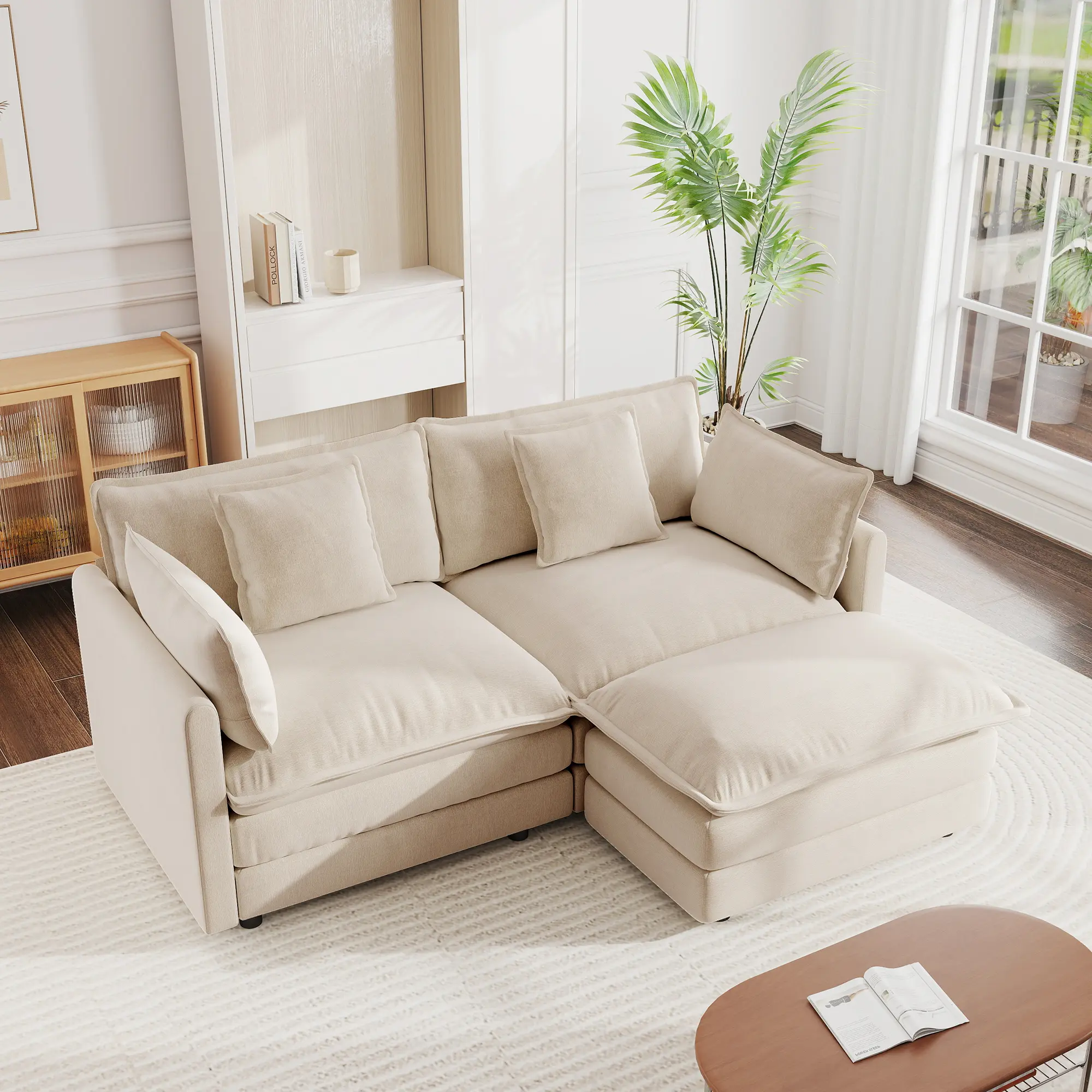 Modular Chenille Loveseat with Ottoman, L-Shaped 2-Seater Sectional Sofa for Small Spaces, Light Coffee