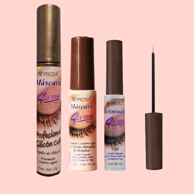 TRIO Bundle Collection BROWN (CAFE) Prosa - 4 en 1 Classic Mascara Brown, Mascara ProfessionalSilicone Brown,  and Eyeliner Brown,the bundle Mascara and eyeliner Makeup Set