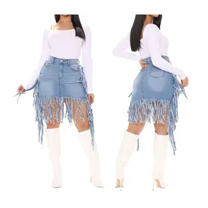 2025FashionTrendSexyWashedDenimTasselHighWaistSkirt