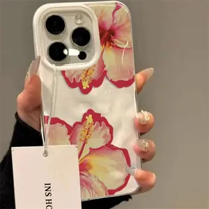 Elegant Pink Hibiscus Flower Folds Texture Phone Case For iPhone 16 17 Pro Max Air 15 14 13 12 11 16 15 Plus Cover Soft Funda