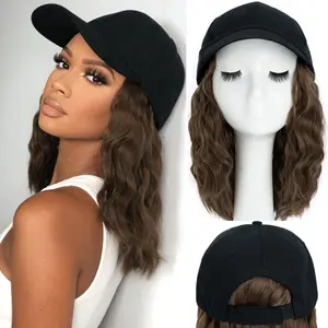Hat Wig for Women, Short 8inch Wave Baseball Cap Wig with Curly Wavy Synthetic Hair Extensions, Adjustable Brown Black Baseball Hat Wig Summer vocation
