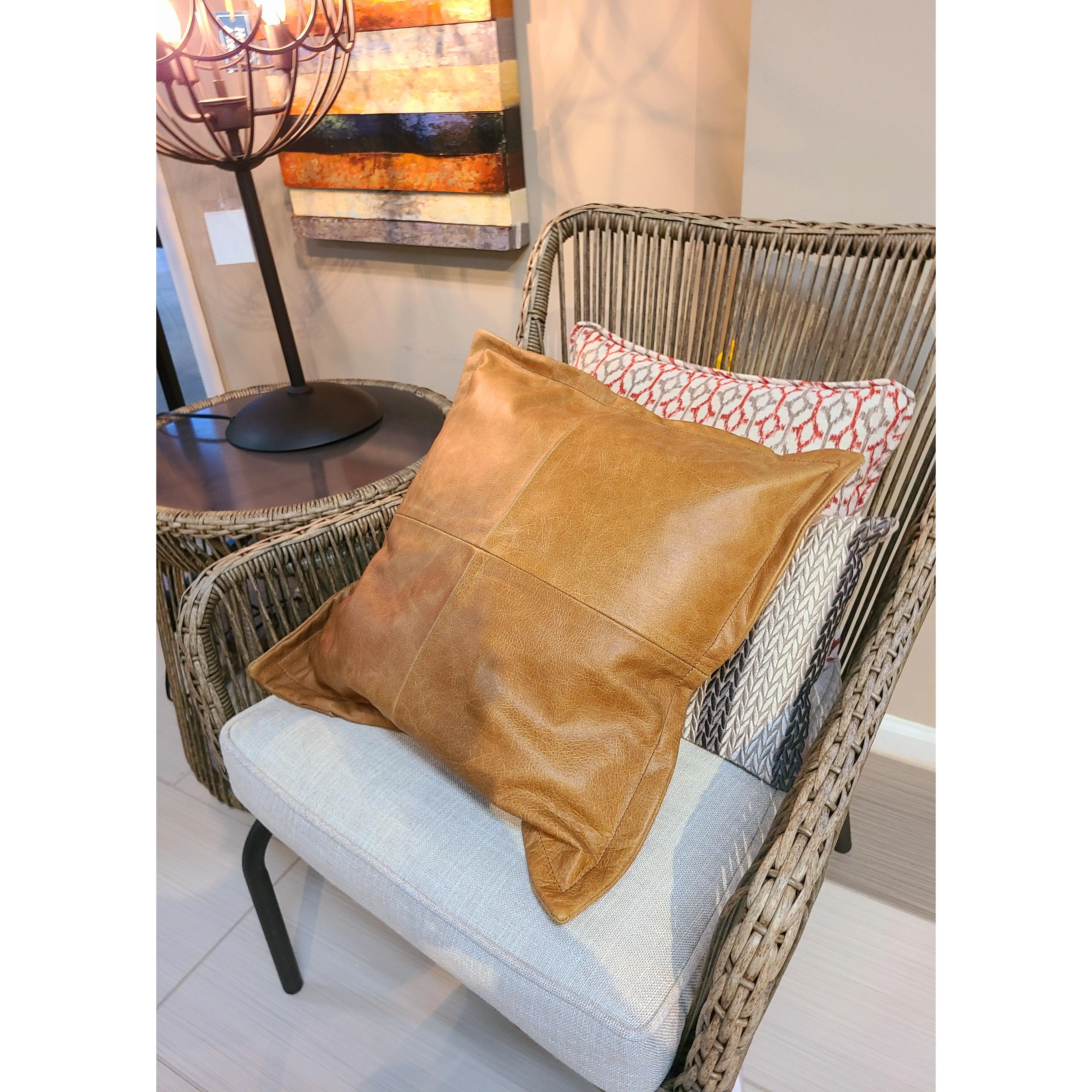 100% Lambskin Leather Caramel Brown Throw Pillow Cover - 16 x 16
