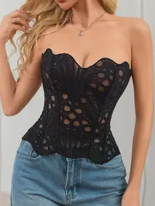 Women's Floral Patterned Underbust Corset Top, Breathable Mesh Back Tie, Fishbone Tight-Fitting Vest, Inner and Outer Wear, Underwear