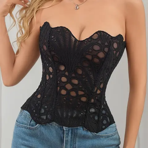 Women's Floral Corset Top, Strapless Breathable Mesh, Tie Back Adjustable Waist Trainer, Elegant Bodysuit, All Seasons Fashion, Slimming Undergarment