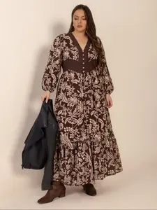 Plus Size Women's Fall Winter Floral Print V Neck Lantern Sleeve Bohemian Long Dress, Loose Fit Woven Fabric Holiday Travel Wear, Casual Wear