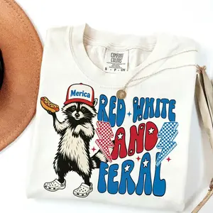 Comfort Colors Red White And Feral Shirt, Funny USA Shirt, Funny Raccoon Shirt, 4th Of July Feral, Hotdog Raccoon