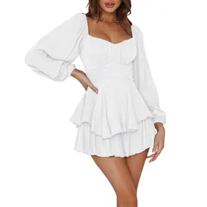 Jumpsuits For Women,Women��S Loose Shorts Jumpsuit, Solid Color Lantern Long Sleeve Square Neck Ruched Ruffled Playsuit