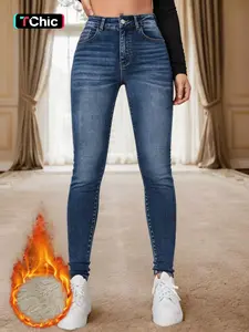 Women's Winter Fleece Lined Jeans, Elastic Comfortable Fitted Washed Denim Jeans, Trendy Fashion Multi-Color New Arrival Long Trousers, Pants