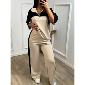 Women’s V-Neck Zipper | Color-Block Sportswear | High-Waist Joggers | TikTok Viral Streetwear | Instagram Fashion Trend | Athleisure Lounge Outfit for Gym, College, Casual | Back-to-School Essentials | Sweatsuit Set