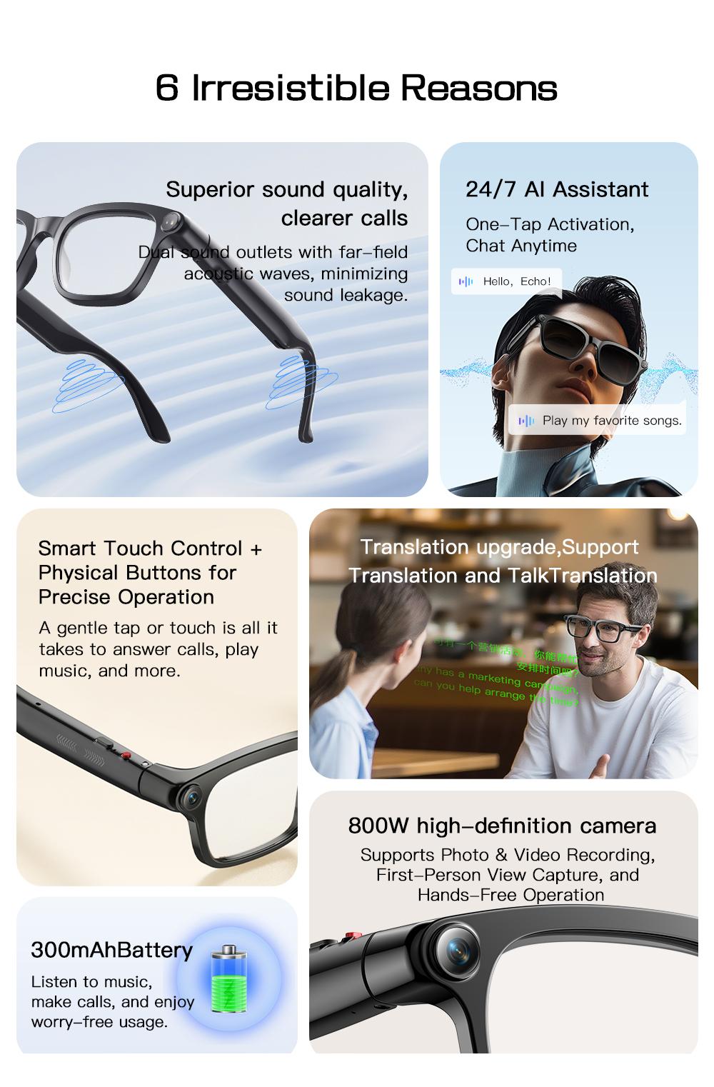 Smart AI Camera Glasses with 8MP Photochromic Lenses ,Button Touch Adjustment for Travel Outdoor Adventures Hands-Free Photography 160+Languages Real-Time Translation Bluetooth Wireless Wearable Video Recording UV Protection