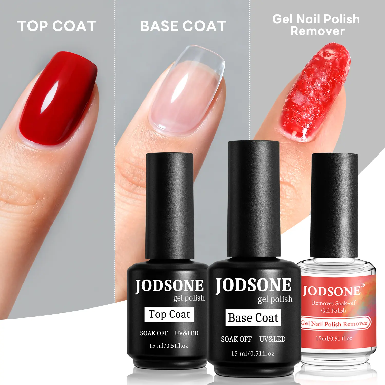 JODSONE 3PCS 15ML Gel Nail Remover Quick Gel Nail Polish Remover and Base Coat Top Coat Simple Set is Suitable for Beginners to Try JODSONE 3PCS 15ML Gel Nail Remover Quick Gel Nail Polish Remover and Base Coat Top Coat Simple Set is Suitable for Beginners to Try