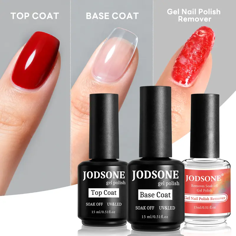 JODSONE 3PCS 15ML Gel Nail Remover Quick Gel Nail Polish Remover and Base Coat Top Coat Simple Set is Suitable for Beginners to Try